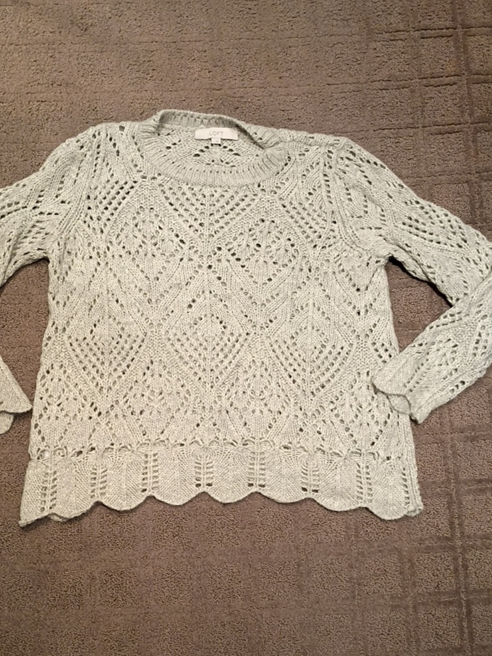 LOFT Sage Openwork Scalloped-Hem Crewneck Sweater